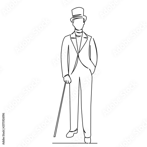 One continuous single drawing line art flat doodle continuous, white background, retro, gentleman, old, fashion, style, male. Isolated image hand draw contour on a white background
