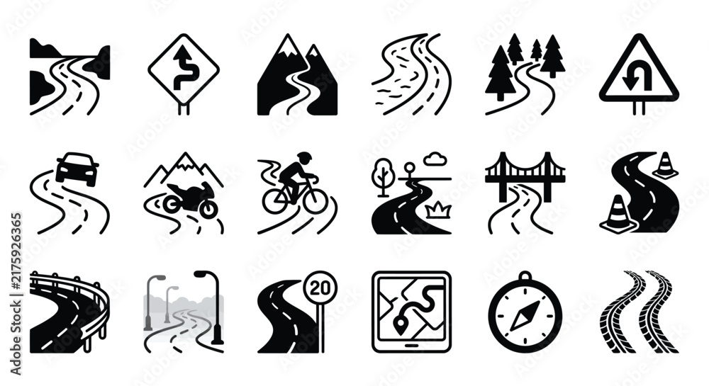 Fototapeta premium Road sign silhouettes depict winding roadways mountainous terrain and travel hazards