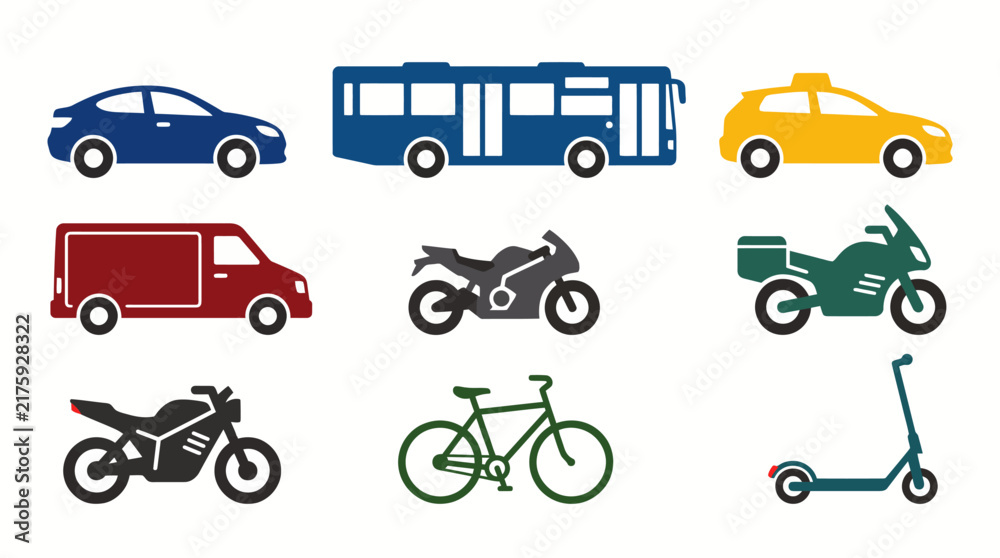 Fototapeta premium Diverse collection of transportation icons for modern mobility and transit solutions
