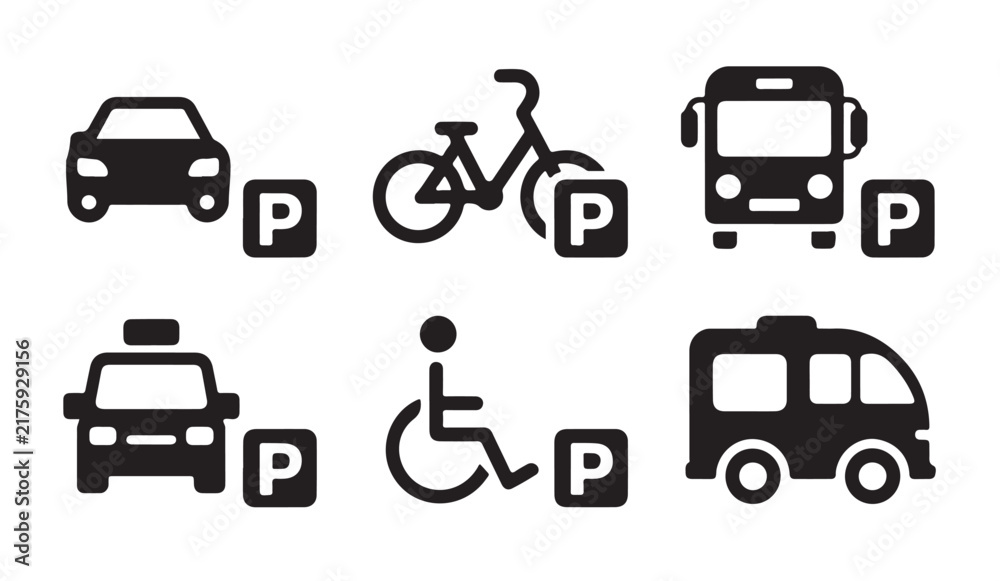 Naklejka premium Parking sign flat icons set featuring car bicycle bus wheelchair and ambulance black vector graphics for urban map.