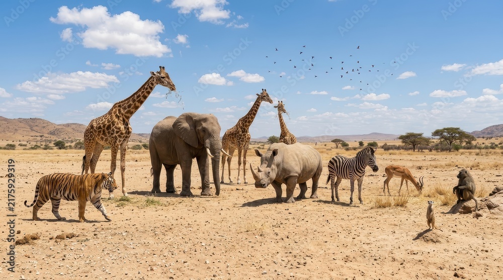Fototapeta premium Diverse African Wildlife Gathering with Elephant, Giraffes, Rhino, Zebra, Tiger, and Baboon in Savanna Landscape