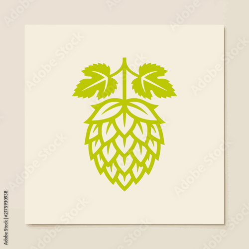 Stylized green hop cone with leaves on a white background.