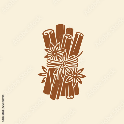 Illustration of cinnamon sticks tied with a ribbon and decorated with flowers
