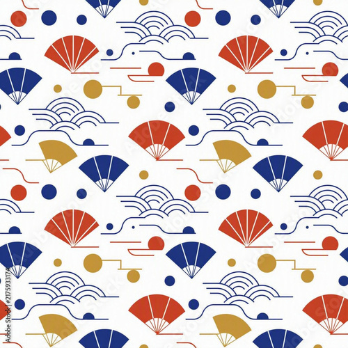 Japanese seamless pattern with folding fans and traditional wave motifs in red and blue.