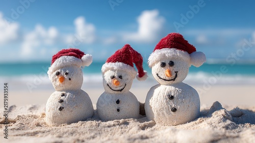 Snowmen on the beach made out of sand with Santa hats, realistic, blue sky, and blue ocean in background