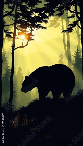 Bear silhouette in misty forest at sunrise