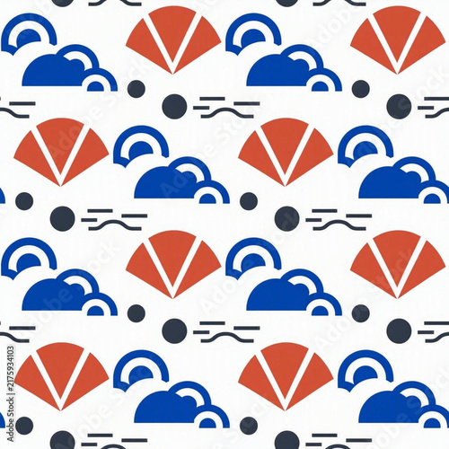 Abstract geometric seamless pattern with blue clouds and orange fans on white background