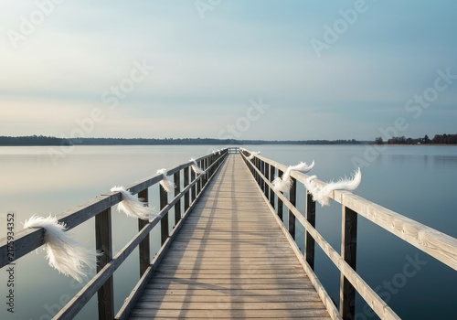 A very light and delicate wooden pier extending over still water, adorned with subtle, soft white plumes suggesting gentle transition and quiet reflection ,simple ,floating ,pathway