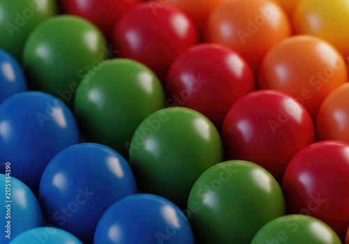 A vibrant arrangement of multiple identical rounded objects displayed in a sequence. Showing variety and quantity together ,organization ,focus ,detail