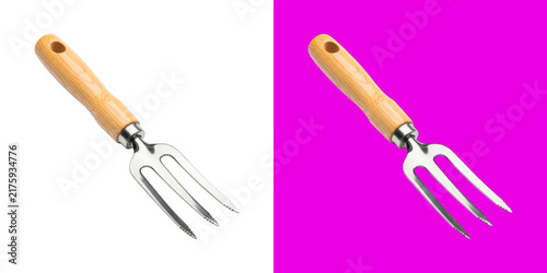Canvas Print Metal gardening hand fork with wooden handle for home plant cultivation and yard