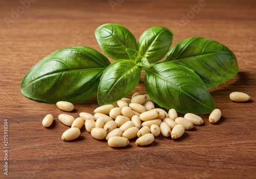 Fresh green basil leaves and pale ivory pine nuts scattered across a wooden surface, ready for making delicious homemade pesto sauce ,raw ,healthy ,basil