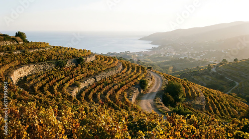 Terraced Vineyard Overlooking the Sea: Golden autumn foliage blankets the terraced vineyard.