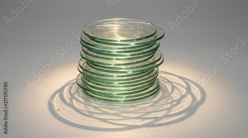 Stack of Petri Dishes: A clear stack of glass petri dishes, commonly used in laboratories, casts intricate shadows under a soft light.