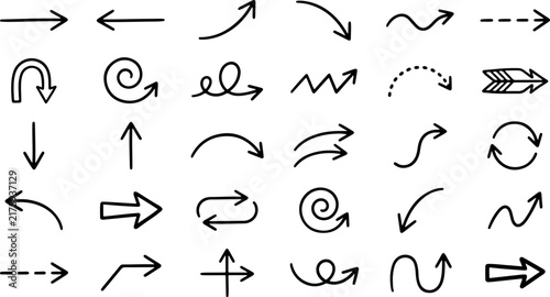 Fotografie Set of black sketch arrows in different styles and curves on a white background