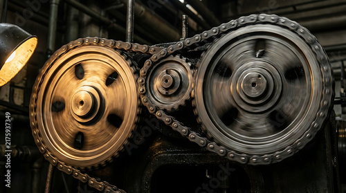 Industrial Gears in Motion: Close-up of interlocking industrial gears and a robust chain drive, highlighting the intricate mechanics and power transmission within heavy machinery.