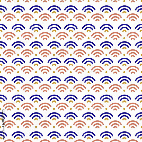 Japanese Seigaiha Wave Pattern Seamless Background with Blue and Beige Arcs