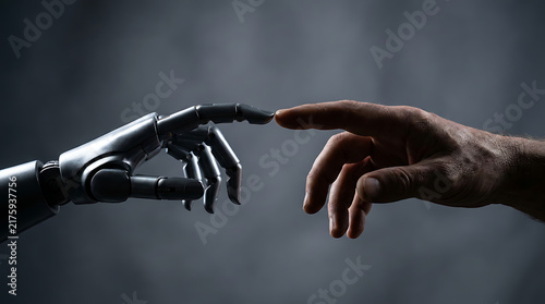 Human and Robot Finger Touch: A close-up shot captures the moment a human finger and a robotic hand's finger reach out to touch, symbolizing the intersection of humanity and artificial intelligence.