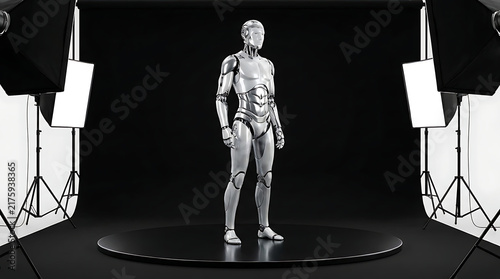Futuristic Android Model: A hyper-realistic android mannequin stands poised on a rotating platform, illuminated by professional studio lighting, symbolizing innovation and the future of technology.