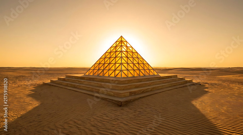 Glass Pyramid in the Desert: An illuminated glass pyramid structure rises majestically from the sandy desert floor, bathed in the warm, golden light of sunrise or sunset.