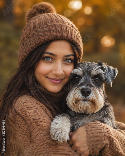 Young Indian girl in a cozy brown knit sweater and beanie hugging her miniature schnauzer dog outdoors during autumn