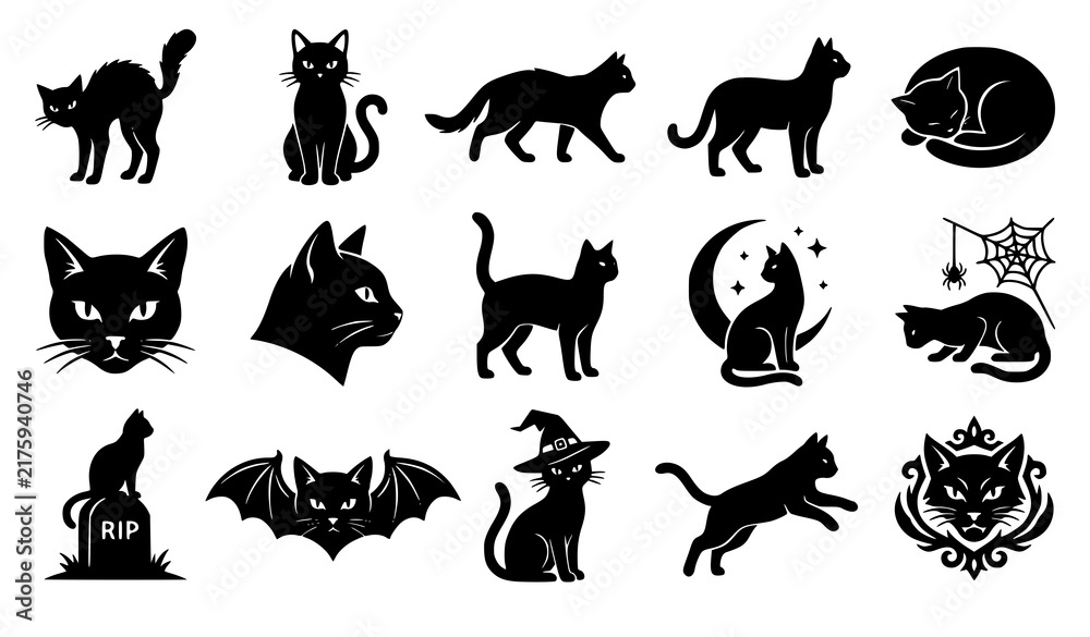 Fototapeta premium Halloween Black Cat Icon Set Fifteen Spooky Feline Silhouette Vector Designs