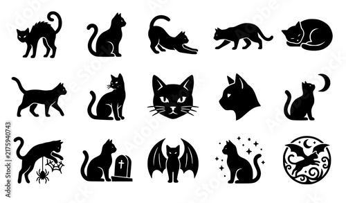 Spooky Halloween Cat Black Silhouette Moon Spider Tombstone Vector Icon Set