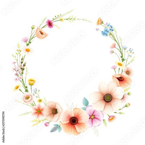 Delicate watercolor wildflower wreath on white background