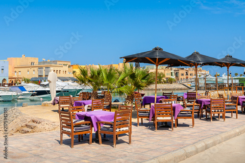 Sidewalk cafe at marina. El Gouna, Egypt