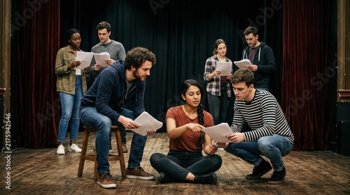 Diverse Group of Young Actors Rehearsing and Reading Scripts on a Theater Stage During a Drama Class Workshop