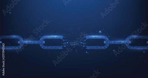 Glowing blockchain chain links shattering a broken connection or security failure against a dark blue futuristic background. Cyber security concept.	