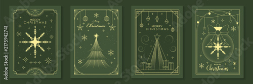 Merry Christmas and Happy New Year luxury vector card set with elegant gold line art, snowflakes, Christmas trees, ornaments, gifts and festive frames on dark green background.