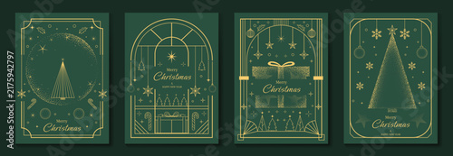 Merry Christmas and Happy New Year luxury vector card set with elegant gold line art, Christmas trees, gifts, ornaments and festive frames on dark green background.