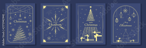 Merry Christmas and Happy New Year luxury vector card set with elegant gold line art, Christmas trees, gifts, ornaments and snowflakes on classic blue background.