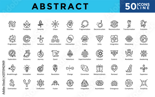 Abstract icons set with flow, tranquility, serenity, chaos, disorder, fragmentation, deconstruction, reconstruction, transformation, evolution icon. Simple line vector 
