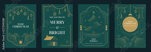 Merry Christmas and Happy New Year luxury vector card set with elegant gold line art, Christmas trees, gifts, ornaments and festive frames on dark green background.