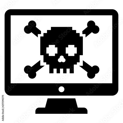 Ransomware Attack on Computer Screen with Pixel Skull