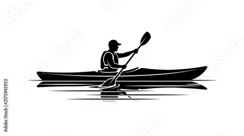 Silhouette of a kayaker paddling on calm water in black and white.