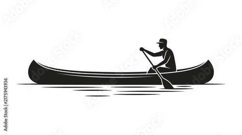 Silhouette man rowing canoe on water, outdoor activity
