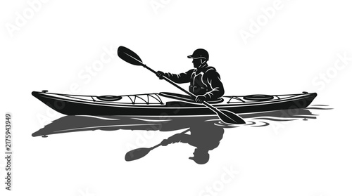 Silhouette of a kayaker paddling on calm water, reflection in water