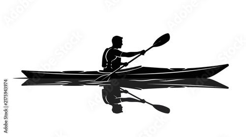 Silhouette of a kayaker paddling on reflective water
