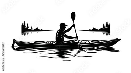 Silhouette of a Kayaker Paddling on Water with Trees on Horizon