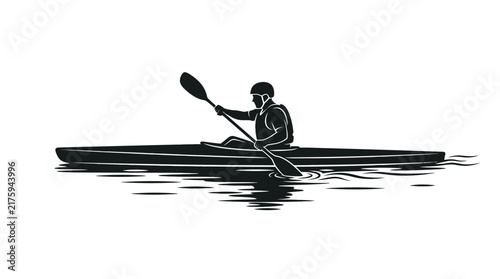 Silhouette of a kayaker paddling on rippling water against white background