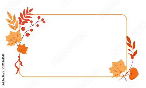 Decorative horizontal frame with seasonal fall leaves. Empty, with copy space. Flat vector illustration, isolated on white. Template, greeting card, celebrative, botanical design.