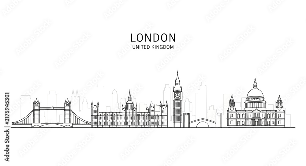 Fototapeta premium London Skyline Outline - Iconic Landmarks - United Kingdom