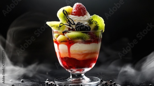 Fruit dessert with syrup and smoke