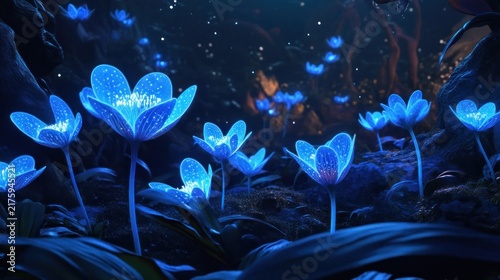 Glowing blue flowers in dark forest