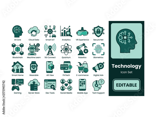 Set of modern technology icons representing digital innovation and internet connectivity