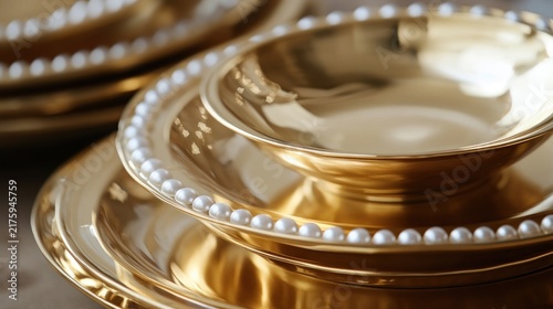 Gold toned serving dishes stacked