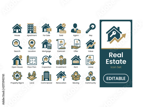 Set of flat professional real estate icons for housing property business and commercial architecture development services