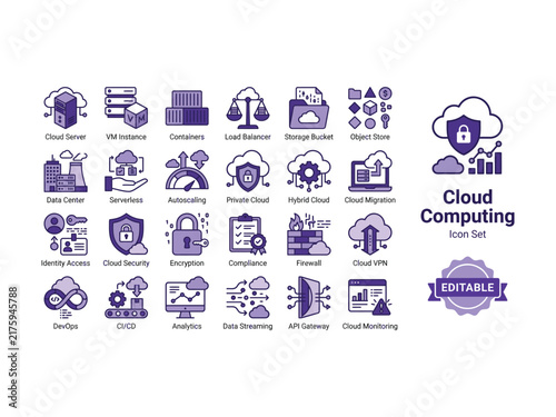 Set of flat purple cloud computing icons for network infrastructure and technology web development
